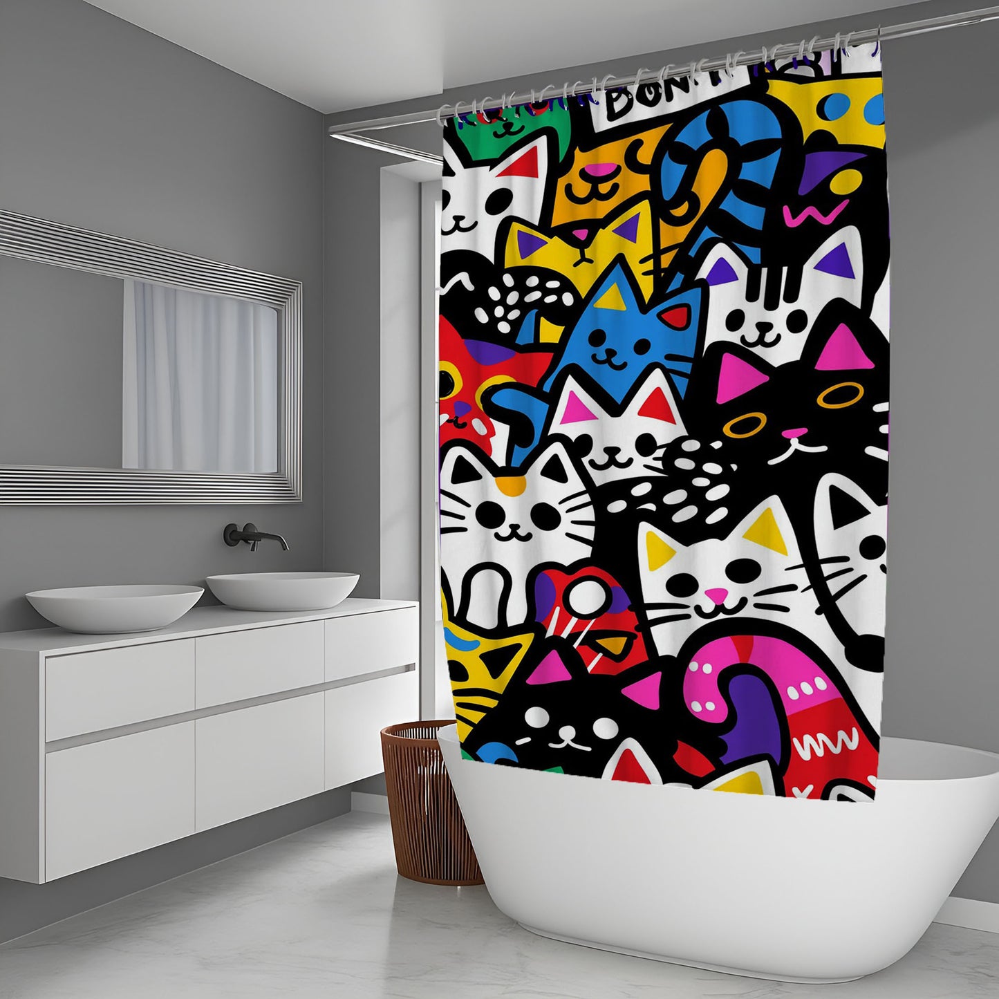 Vibrant Pop Art Cat Doodle Pattern Shower Curtain
