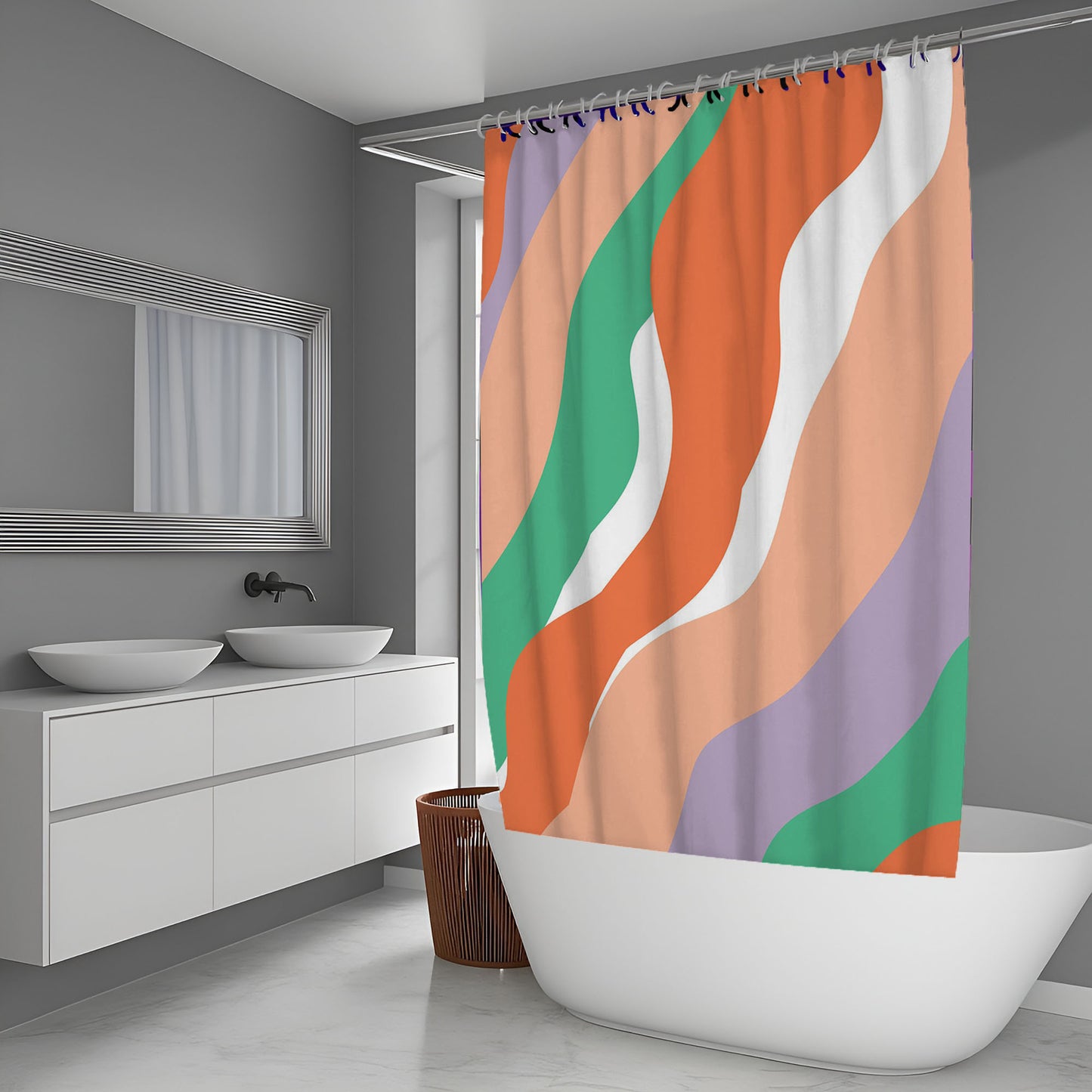 Warm Thick Lines Asymmetric Shower Curtain